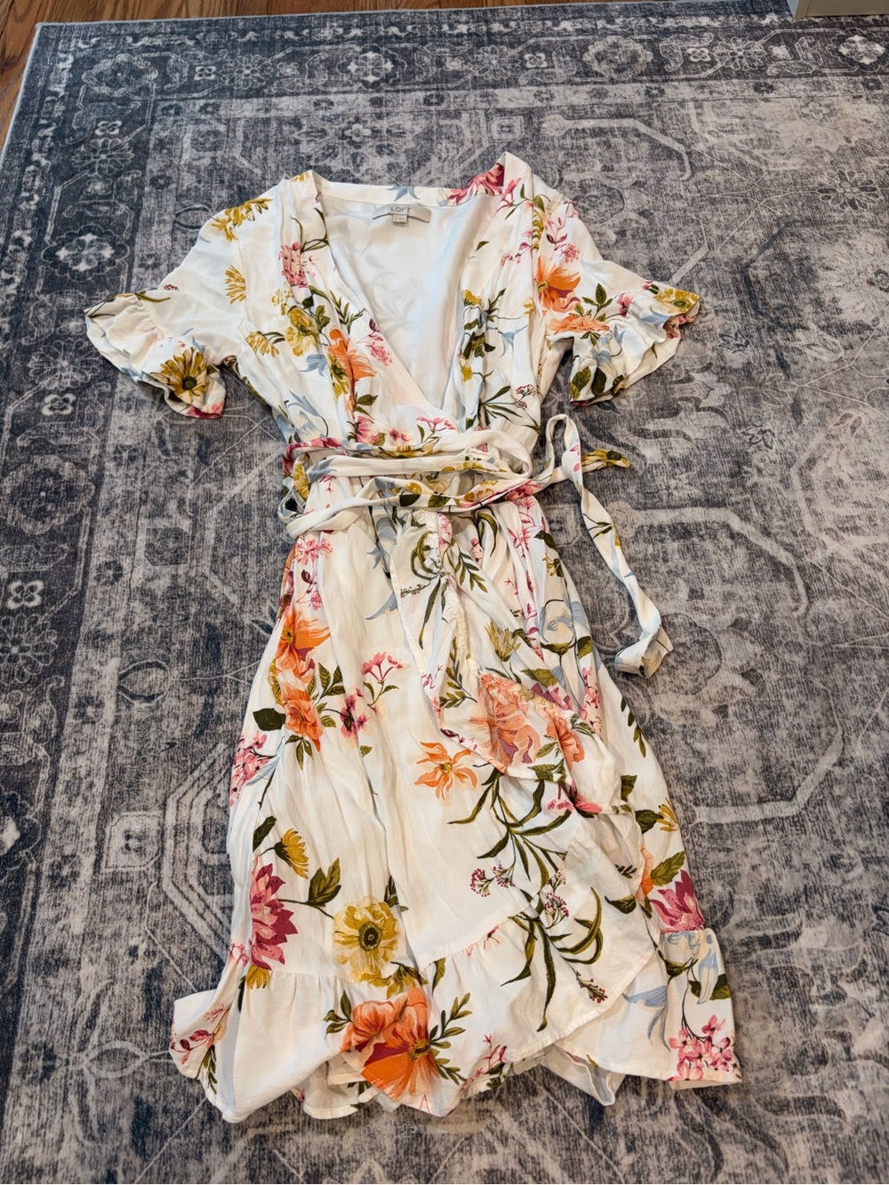 LOFT White Floral Wrap Midi Dress with Pink, Orange & Green Blooms